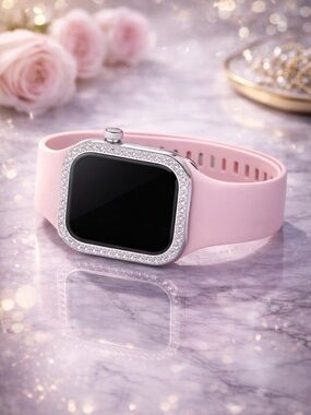 Pink Rhinestone Apple Watch Band 45mm NWT Luxe Bling Bezel Glam Smartwatch Frame